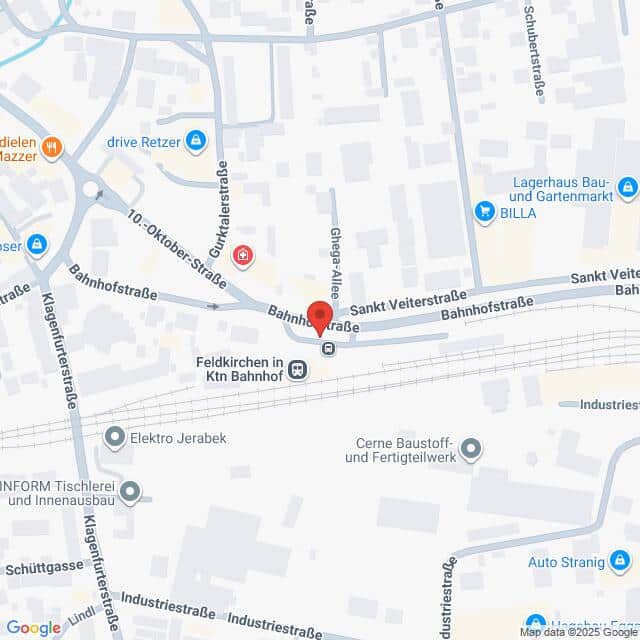 Lehrlingsportal.at Eine digitale Karte, die das Gebiet um die Bahnhofstraße und die Sankt Veiterstraße bei Feldkirchen in Kärnten Bahnhof zeigt, markiert mit einer roten Standortnadel.