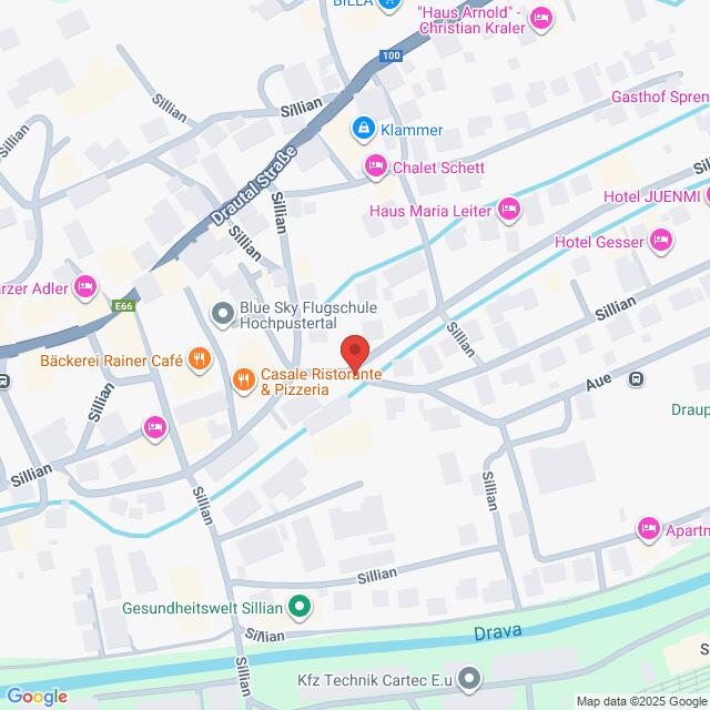 Lehrlingsportal.at Karte mit einem Ausschnitt von Sillian, Österreich, mit Markierungen für Geschäfte, Restaurants und Straßen, einschließlich Drautal Straße und Aue.