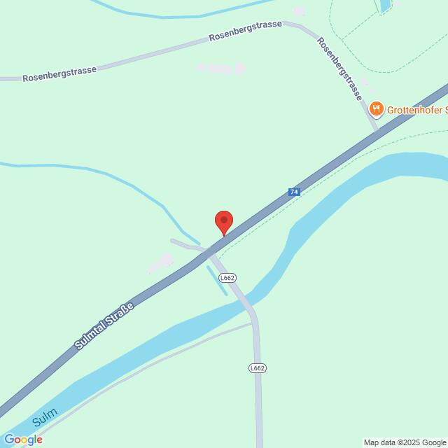 Lehrlingsportal.at Die Karte zeigt die Kreuzung der Sulmtalstraße, der Rosenbergstraße und zweier Wasserstraßen in der Nähe des Grottenhofs, mit einer Standortnadel, die das Gebiet markiert.