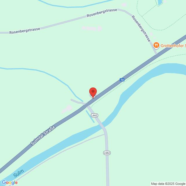 Lehrlingsportal.at Eine digitale Karte zeigt die Kreuzung der Sulmtalstraße mit der Rosenbergstraße in der Nähe eines Flusses, markiert durch eine rote Stecknadel. Die nahe gelegenen Straßen L656 und L652 sind ebenfalls sichtbar.