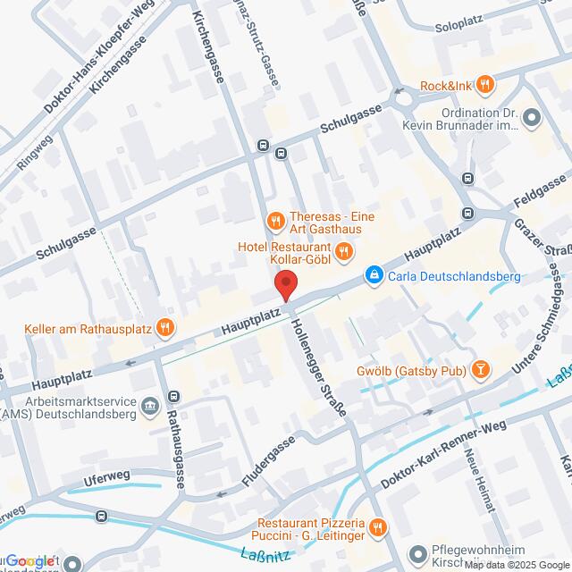 Lehrlingsportal.at Eine Karte der Umgebung des Hauptplatzes in Deutschlandsberg, Österreich, mit Beschriftung der nahe gelegenen Geschäfte, Restaurants und Sehenswürdigkeiten.