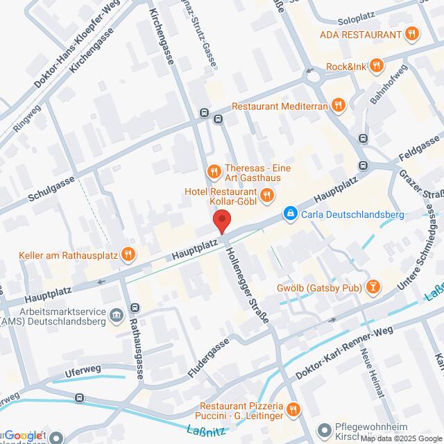 Lehrlingsportal.at Kartenansicht des Zentrums von Deutschlandsberg, Österreich, mit Hervorhebung von Orten wie dem Hauptplatz, Restaurants und lokalen Geschäften. Straßen und Wahrzeichen sind beschriftet.