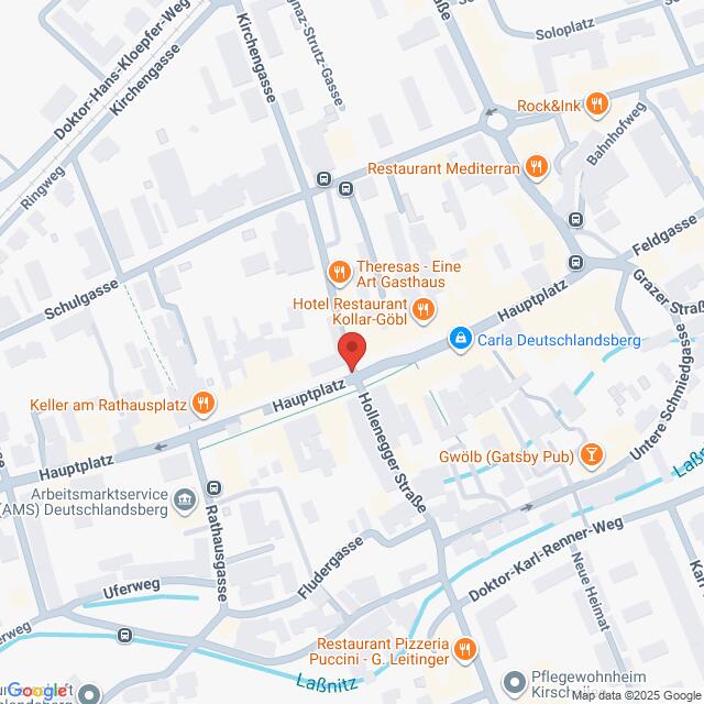 Lehrlingsportal.at Ein digitaler Stadtplan, zentriert auf den Hauptplatz in Deutschlandsberg, Österreich, mit nahegelegenen Geschäften, Restaurants und Wahrzeichen mit beschrifteten Symbolen.
