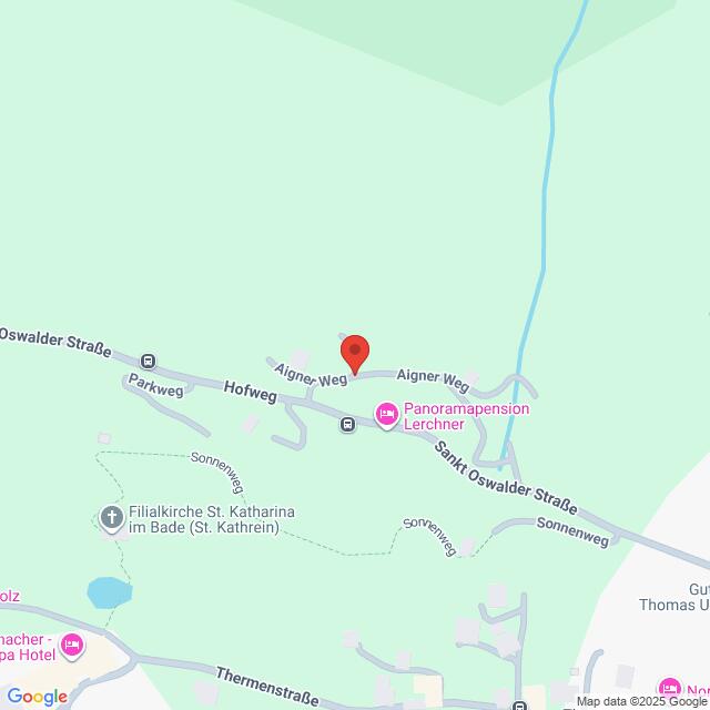 Lehrlingsportal.at Die Karte zeigt einen Standort am Aigner Weg, in der Nähe der Oswaldstraße und des Hofwegs, mit einem nahegelegenen Wahrzeichen, der Panoramapension Lerchner in Sankt Kathrein.