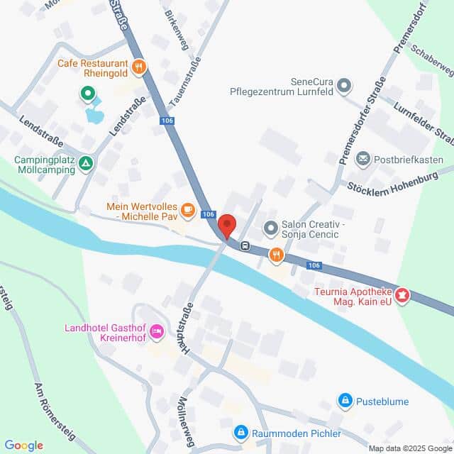 Lehrlingsportal.at Eine Karte mit Straßen und Sehenswürdigkeiten in Lurnfeld, Österreich, einschließlich Cafés, Hotels, einer Apotheke und lokalen Geschäften in der Nähe der B106.