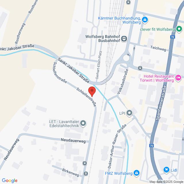 Lehrlingsportal.at Die Karte zeigt einen Ausschnitt von Wolfsberg, Österreich, zentriert auf der Sankt-Jakober-Straße mit nahegelegenen Straßen, Geschäften und Sehenswürdigkeiten beschriftet.