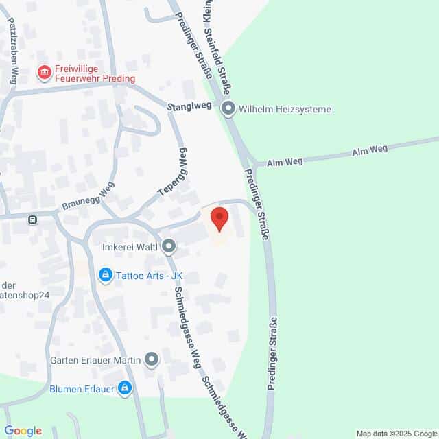 Lehrlingsportal.at Eine Karte, die die Kreuzung der Schmiedgasse mit der Predinger Straße in einem Wohngebiet in der Nähe von Preding zeigt, mit Beschriftung verschiedener lokaler Geschäfte und Straßen.