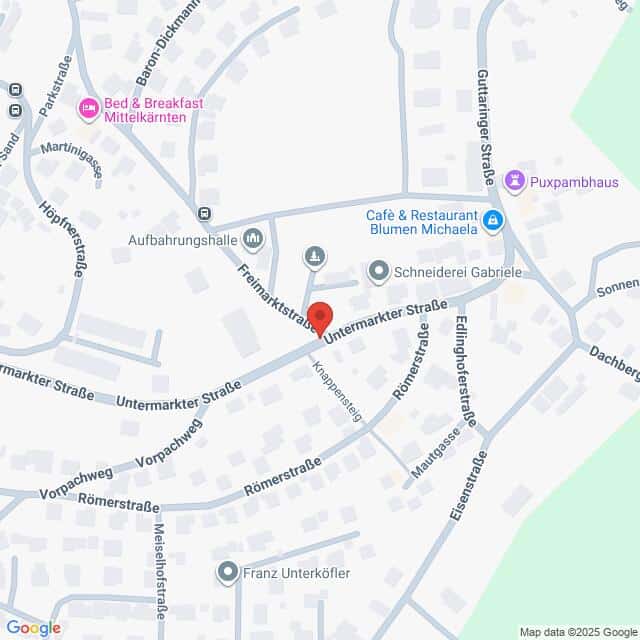 Lehrlingsportal.at Eine Karte mit Straßen und Geschäften in einem Viertel, einschließlich Untermarkter Straße, Römerstraße und Markierungen für Cafés, Restaurants und Unterkünfte.