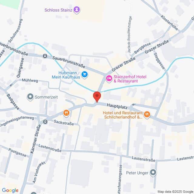 Lehrlingsportal.at Eine Karte des Hauptplatzes und der umliegenden Straßen in Stainz, Österreich, mit mehreren Hotels, Restaurants und Sehenswürdigkeiten.