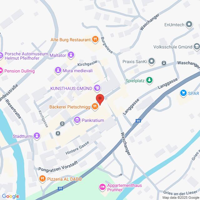 Lehrlingsportal.at Eine digitale Karte mit Straßen und Sehenswürdigkeiten in Gmünd, Österreich, einschließlich Kunsthaus Gmünd, Pankratium und nahe gelegene Restaurants und Geschäfte. Eine rote Stecknadel wird auf der Karte zentriert.
