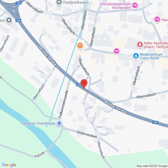 Lehrlingsportal.at Karte mit einem Ausschnitt von Obervellach, Österreich, mit Hervorhebung der Mölltal Straße (Straße 106), nahegelegenen Geschäften und Orten wie Parklatz Polnikhütte.