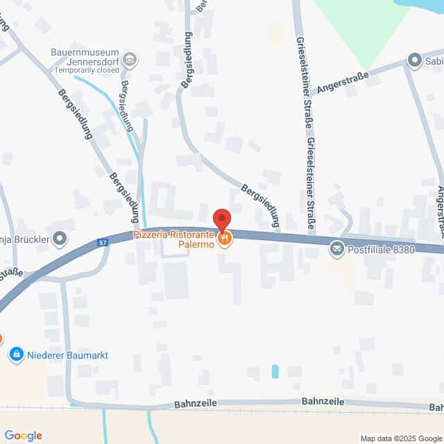 Lehrlingsportal.at Der Plan zeigt die Lage der Pizzeria Ristorante Palermo in der Bergstraße, in der Nähe der Postfiliale 8380 und des Niederen Baumarktes in einem Stadtplan.