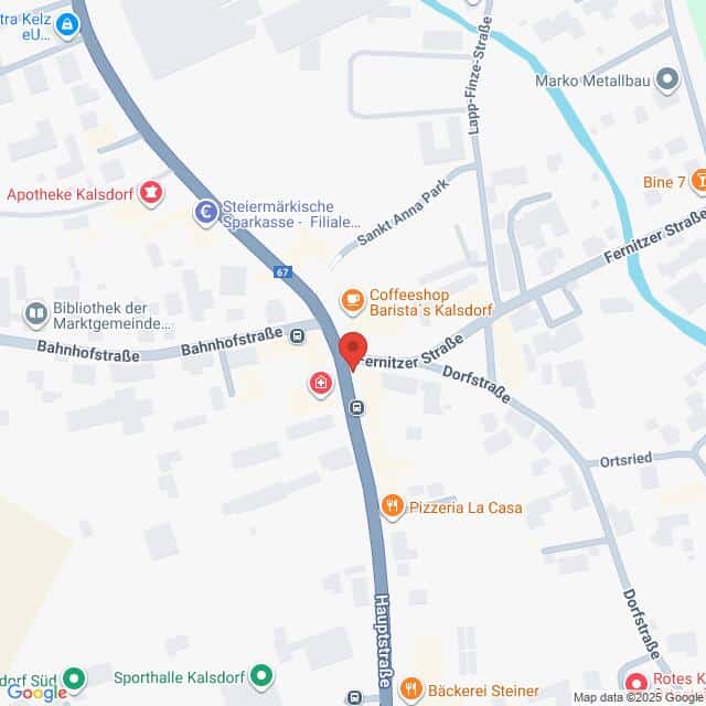 Lehrlingsportal.at Karte eines Teils von Kalsdorf, Österreich, mit Hervorhebung der Hauptstraße und der Bahnhoftstraße und Beschriftung verschiedener Unternehmen und Sehenswürdigkeiten.