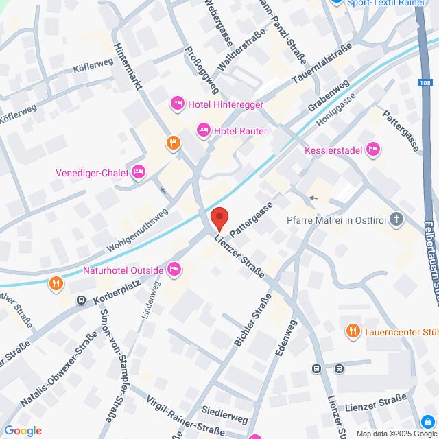Lehrlingsportal.at Eine digitale Karte mit Straßen, Sehenswürdigkeiten und Hotels in Matrei in Osttirol, Österreich, mit einer roten Standortnadel in der Nähe der Kreuzung von Lienzer Straße und Patetergasse.