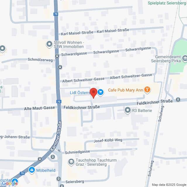 Lehrlingsportal.at Karte eines Abschnitts der Feldkirchner Straße in Seiersberg-Pirka, Österreich, mit Sehenswürdigkeiten wie Lidl, Cafe Pub Mary Ann und verschiedenen Straßen und Geschäften in der Nähe.