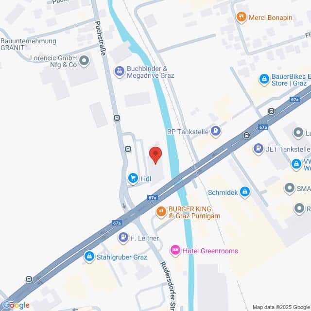 Lehrlingsportal.at Die Karte zeigt einen Ausschnitt von Graz, Österreich, mit Sehenswürdigkeiten wie Lidl, BP- und JET-Tankstellen, Burger King und Hotel Greenrooms in der Nähe der Plüddemanngasse und Rudersdorferstraße.