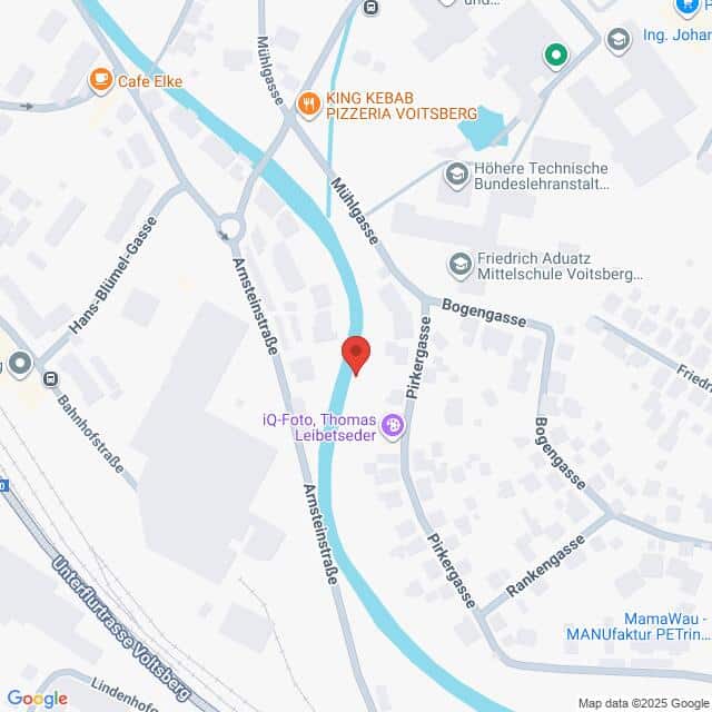 Lehrlingsportal.at Karte eines Teils von Voitsberg, Österreich, mit eingezeichneten Straßen, Geschäften und Sehenswürdigkeiten, darunter King Kebab Pizzeria und Höhere Technische Bundeslehranstalt.