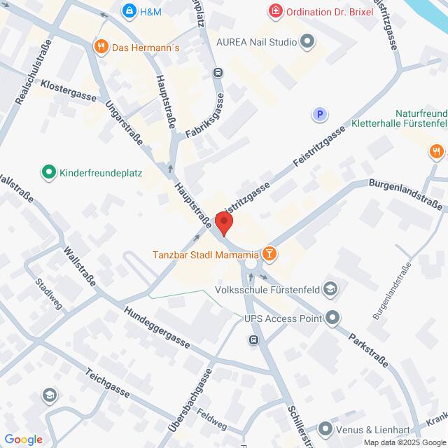 Lehrlingsportal.at Kartenansicht eines zentralen Bereichs in Fürstenfeld, Österreich, mit Straßen, Unternehmen und Sehenswürdigkeiten wie der Tanzbar Stadl Mamamia und dem Kinderfreundplatz.