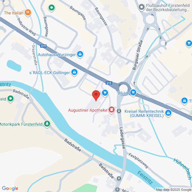 Lehrlingsportal.at Eine Karte mit der Lage der Augustiner Apotheke in Fürstenfeld, Österreich, mit Markierung der umliegenden Straßen und Geschäfte.