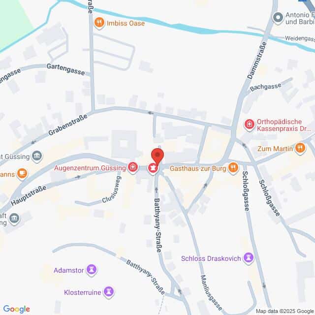 Lehrlingsportal.at Eine digitale Karte, die das Stadtzentrum von Güssing, Österreich, zeigt und auf der verschiedene Geschäfte und Sehenswürdigkeiten eingezeichnet sind, darunter Restaurants und Arztpraxen.