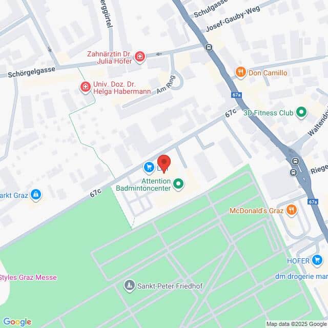 Lehrlingsportal.at Eine Karte, die die Lage von Attention Badmintoncenter in Graz, Österreich, in der Nähe von McDonald's Graz und Sankt Peter Friedhof zeigt.
