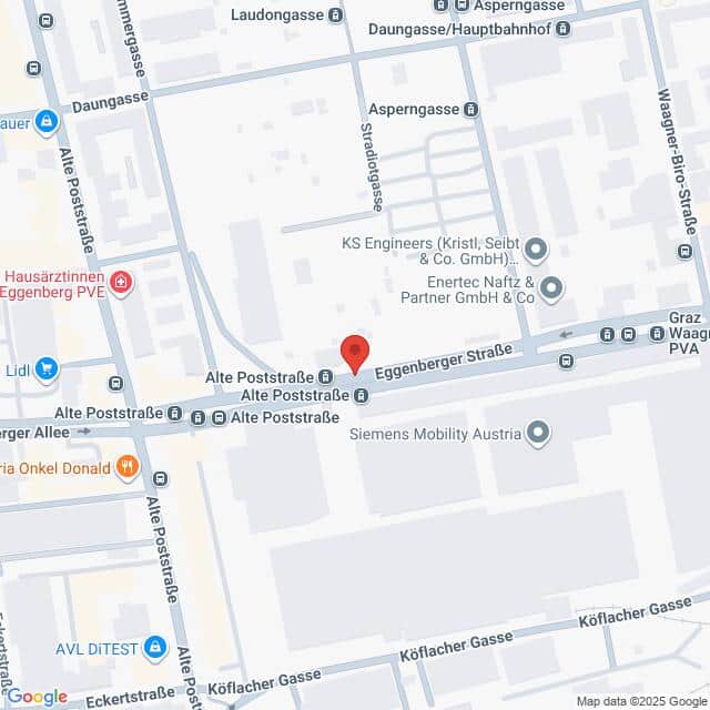 Lehrlingsportal.at Kartenansicht der Kreuzung Alte Poststraße und Eggenberger Straße in Graz, Österreich, mit Beschriftung der umliegenden Geschäfte und Sehenswürdigkeiten.