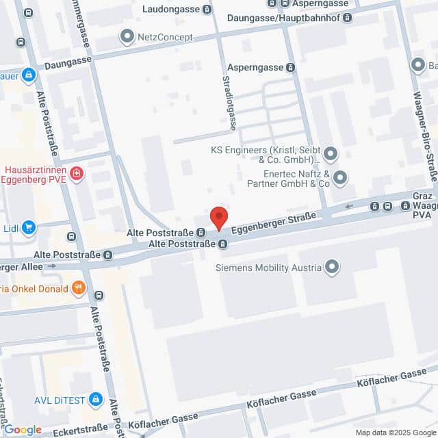 Lehrlingsportal.at Eine Karte der Kreuzung Alte Poststraße und Eggenberger Straße in Graz, Österreich, mit Beschriftung der umliegenden Geschäfte und Straßen.