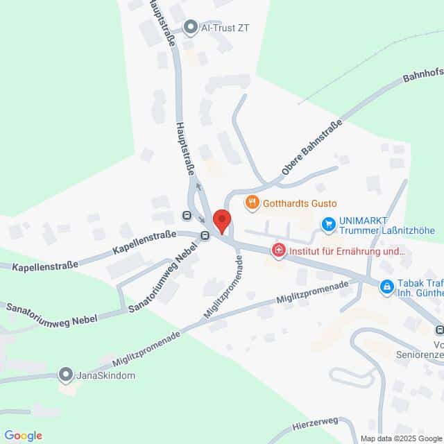Lehrlingsportal.at Karte eines Teils von Laßnitzhöhe, Österreich, mit Straßennamen und Standorten von Unternehmen, einschließlich Gotthardts Gusto und UNIMARKT, die mit Stecknadeln markiert sind.