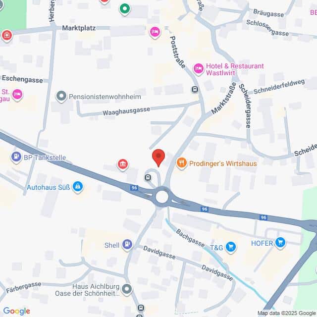 Lehrlingsportal.at Karte mit einem Kreisverkehr an der Kreuzung Poststraße/Bachgasse in einer Stadt, auf der nahe gelegene Sehenswürdigkeiten wie Restaurants, Tankstellen und Hotels eingezeichnet sind.