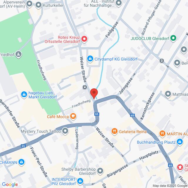 Lehrlingsportal.at Karte der Gegend um die Weizer Straße und den Friedhofweg in Gleisdorf, Österreich, mit markanten Unternehmen und Sehenswürdigkeiten.