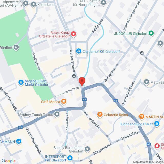 Lehrlingsportal.at Ein Ausschnitt aus einem Stadtplan, der auf der Weizer Straße in Gleisdorf, Österreich, zentriert ist und nahegelegene Geschäfte und öffentliche Plätze zeigt.