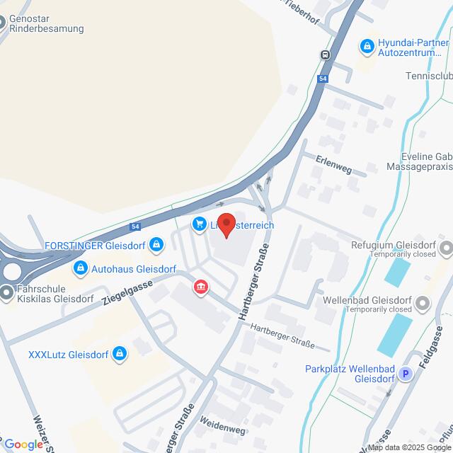 Lehrlingsportal.at Die Karte zeigt einen Ausschnitt von Gleisdorf, Österreich, mit eingezeichneten Straßen, Geschäften und Sehenswürdigkeiten, zentriert um die Hartberger Straße.