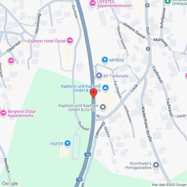Lehrlingsportal.at Eine Karte, die einen Ausschnitt von Ötztal, Österreich, zeigt, mit Hervorhebung von Kapferer und Kapferer GmbH & Co KG und nahegelegenen Unternehmen, Straßen und Sehenswürdigkeiten.