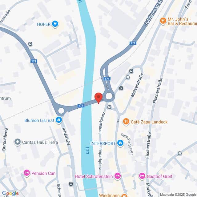 Lehrlingsportal.at Die Karte zeigt einen Kreisverkehr an der Kreuzung der Innstraße und der Malserstraße mit dem Inn in Landeck, Österreich, mit Beschriftung der nahe gelegenen Sehenswürdigkeiten und Unternehmen.