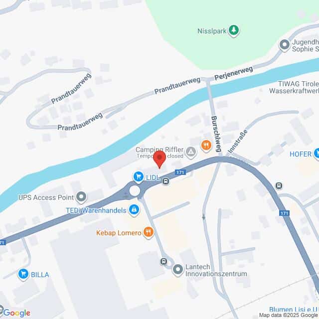 Lehrlingsportal.at Karte, die einen Abschnitt des Prandtauerwegs und die umliegenden Straßen in einer Stadt zeigt, mit bemerkenswerten Standorten wie LIDL, UPS Access Point und Kamping Riffler.