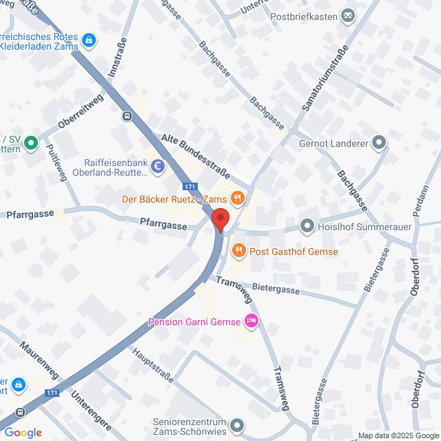Lehrlingsportal.at Eine Karte mit Straßen und bemerkenswerten Orten in Zams, Österreich, einschließlich Cafés, einer Bäckerei, einem Postamt, einer Pension und Hauptstraßen.