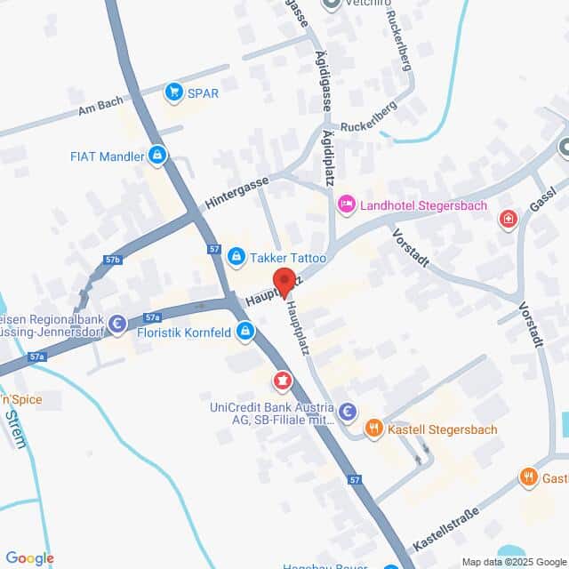 Lehrlingsportal.at Eine Karte mit Straßen, Unternehmen und Sehenswürdigkeiten in Stegersbach, Österreich, einschließlich Banken, Hotels und Geschäften, mit Symbolen, die bestimmte Orte markieren.