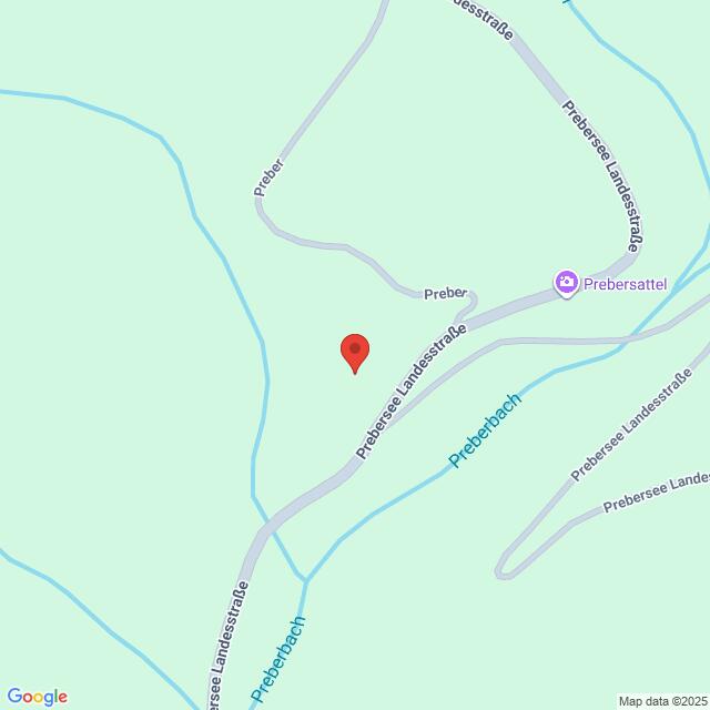 Lehrlingsportal.at Die Karte zeigt eine Stecknadel auf der Prebersee Landesstraße in der Nähe von Prebersattel und Preberbach in einer ländlichen Gegend mit kurvenreichen Straßen und Bächen.