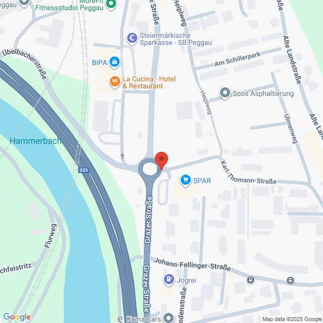 Lehrlingsportal.at Eine Karte, die einen Kreisverkehr zeigt, der die Grazer Straße mit den umliegenden Straßen verbindet, einschließlich der Johann-Fellinger-Straße, mit verschiedenen Geschäften und einem Fluss im Westen.