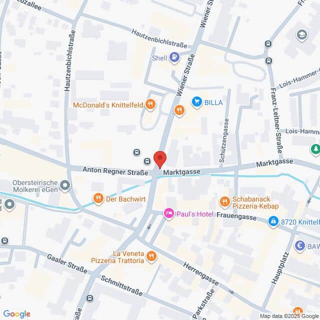 Lehrlingsportal.at Die Karte zeigt einen Ausschnitt von Knittelfeld, Österreich, mit eingezeichneten Straßen, Geschäften, Restaurants und wichtigen Orten, darunter die Anton Regner-Straße und die Marktgasse.