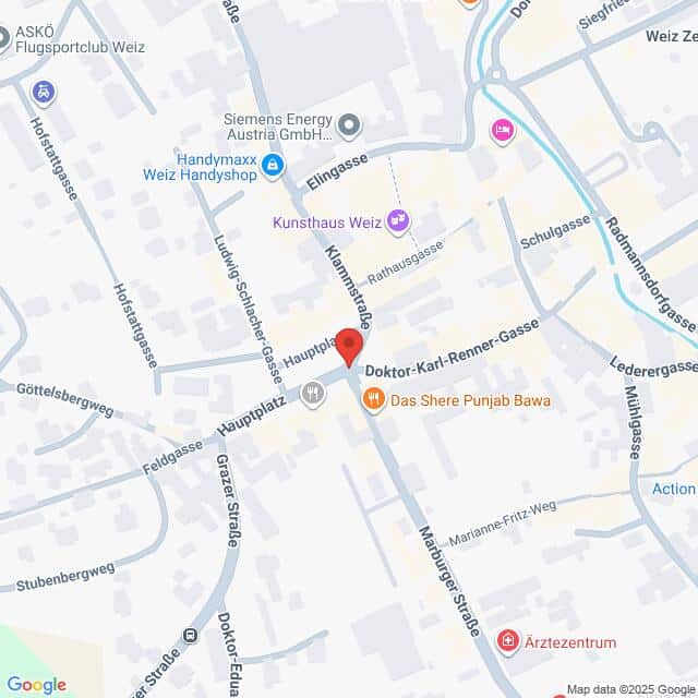 Lehrlingsportal.at Eine Karte, die einen Ausschnitt von Weiz, Österreich, zeigt, mit einer roten Standortnadel am Hauptplatz in der Nähe des Kunsthauses Weiz und des Restaurants Das Shere Punjab Bawa.