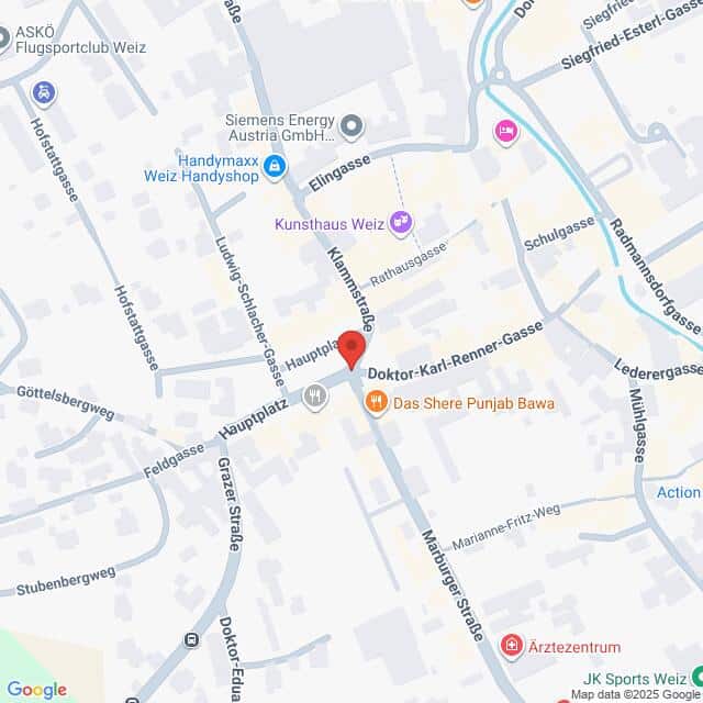 Lehrlingsportal.at Eine Karte mit Straßen und Orten in Weiz, Österreich, mit einer roten Markierung auf dem Hauptplatz in der Nähe von Geschäften, Restaurants und lokalen Unternehmen.