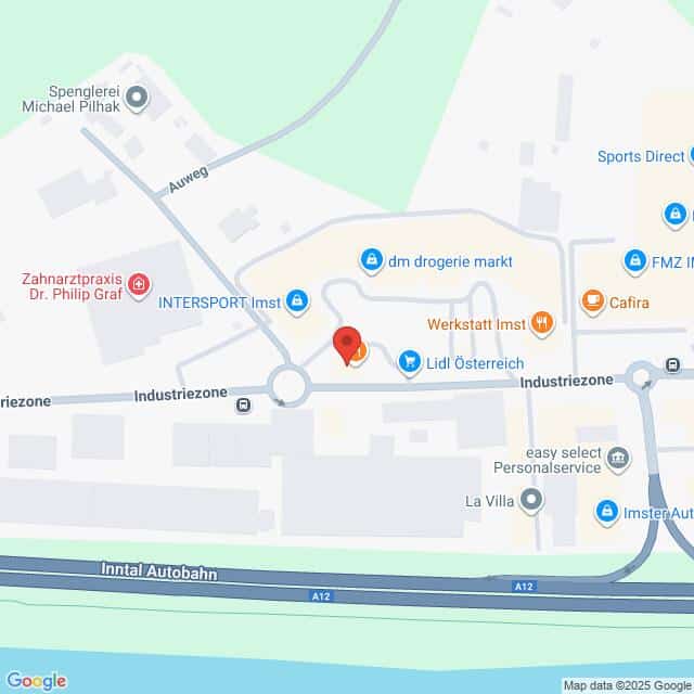 Lehrlingsportal.at Eine Karte zeigt die Lage von Lidl Österreich in der Straße Industriezone nahe der Inntalautobahn A12 in Imst, Österreich. Nahegelegene Geschäfte und Straßen sind eingezeichnet.
