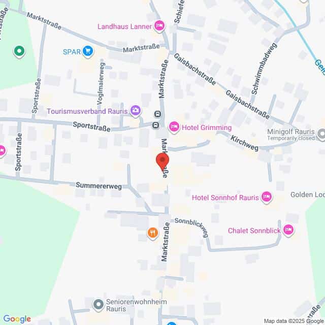 Lehrlingsportal.at Karte des zentralen Bereichs von Rauris, Österreich, mit Straßen, Hotels und lokalen Geschäften in der Nähe der Kreuzung Marktstraße und Mayrhof.