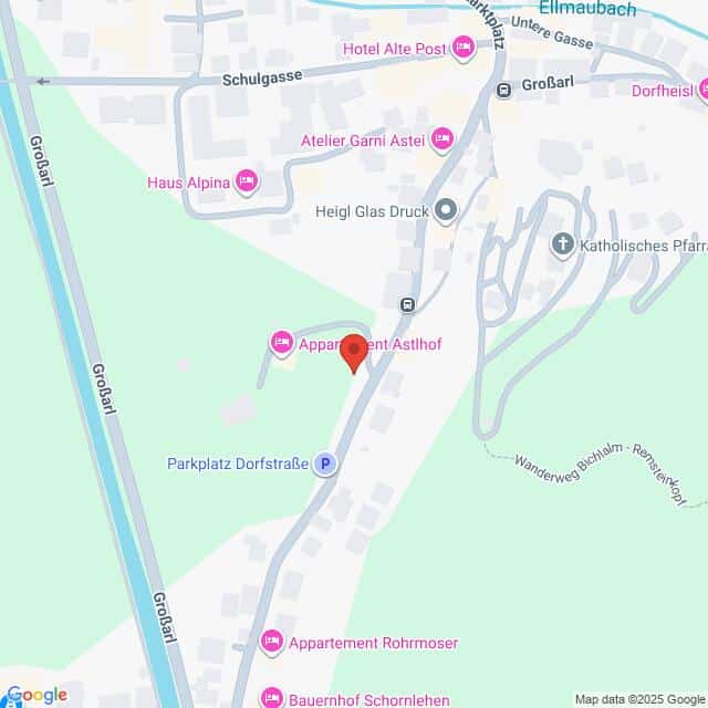 Lehrlingsportal.at Karte mit der Lage des Appartement Astlhof bei Groisarl, mit nahegelegenen Sehenswürdigkeiten wie Hotel Alte Post, Haus Alpina und Parkplatz Dorfstraße.