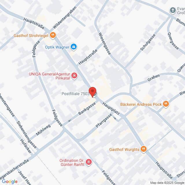 Lehrlingsportal.at Die Karte zeigt einen durch eine rote Stecknadel markierten zentralen Standort in der Postfiliale 7503 in einer Kleinstadt, wobei die umliegenden Straßen und mehrere lokale Geschäfte eingezeichnet sind.
