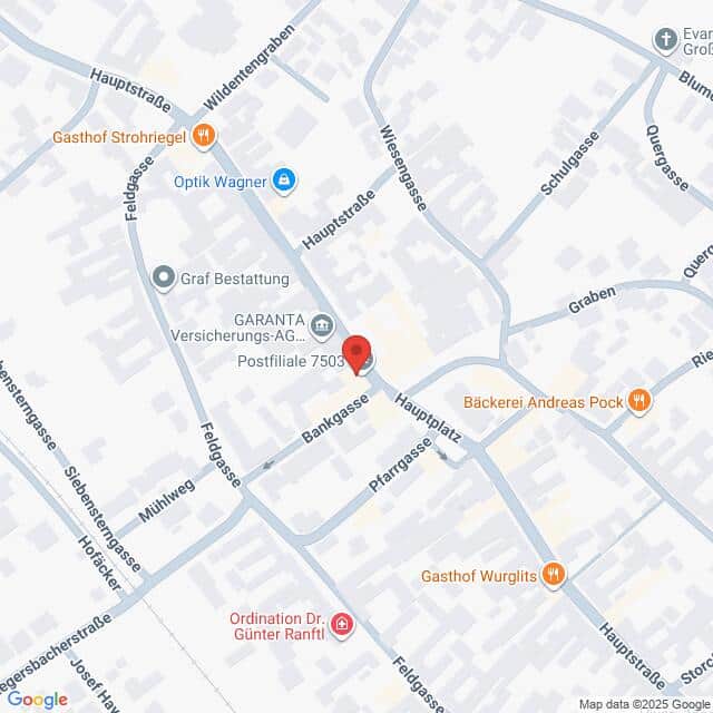 Lehrlingsportal.at Digitale Kartenansicht mit Straßen und Geschäften in einem kleinen Stadtzentrum, mit einer roten Standortmarkierung auf der Hauptstraße in der Nähe der Bankgasse.