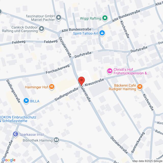 Lehrlingsportal.at Karte der Kreuzung von Siedlungsstraße, Kreuzstraße, Dorfstraße und Forchacherweg in Haiming, Österreich, mit mehreren Geschäften und Sehenswürdigkeiten in der Nähe.
