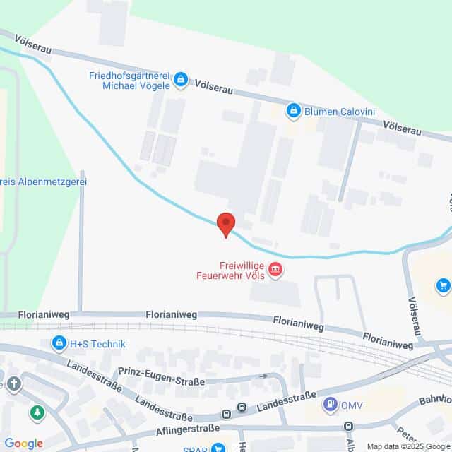 Lehrlingsportal.at Eine digitale Karte zeigt eine Stecknadel in der Nähe der Straßen Florianweg und Völserau in Völs, Österreich, in der Nähe der Freiwilligen Feuerwehr Völs und lokaler Unternehmen.