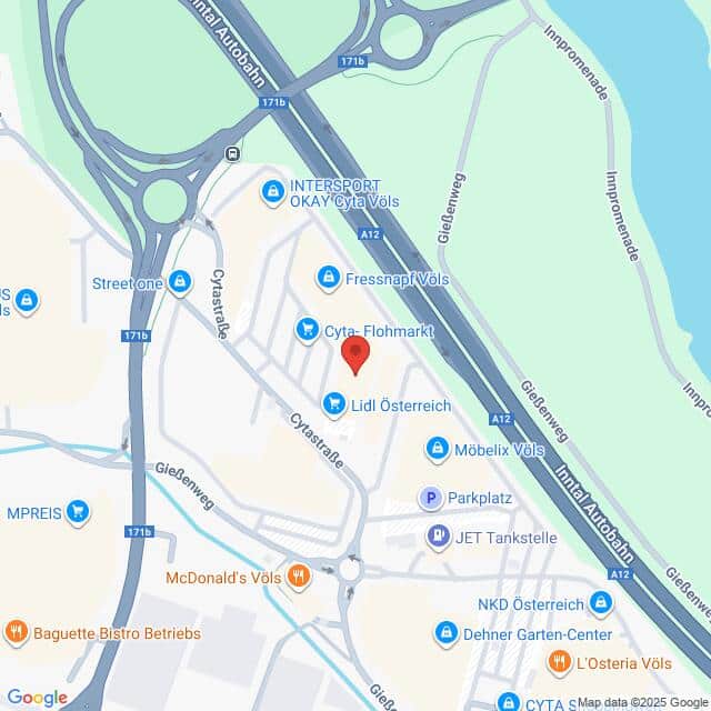 Lehrlingsportal.at Eine digitale Karte zeigt ein Gewerbegebiet in Völs, Österreich, mit Geschäften wie Lidl, INTERSPORT, McDonald's und dem Cyta-Einkaufszentrum in der Nähe der Hauptstraßen A12 und 171B.